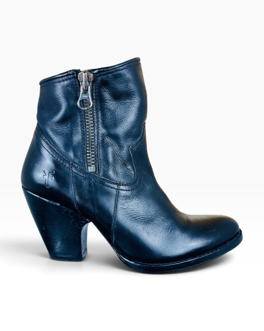 Frye Sacha Black Leather Side Zip Western Block Heel Ankle Boots Size 6.5